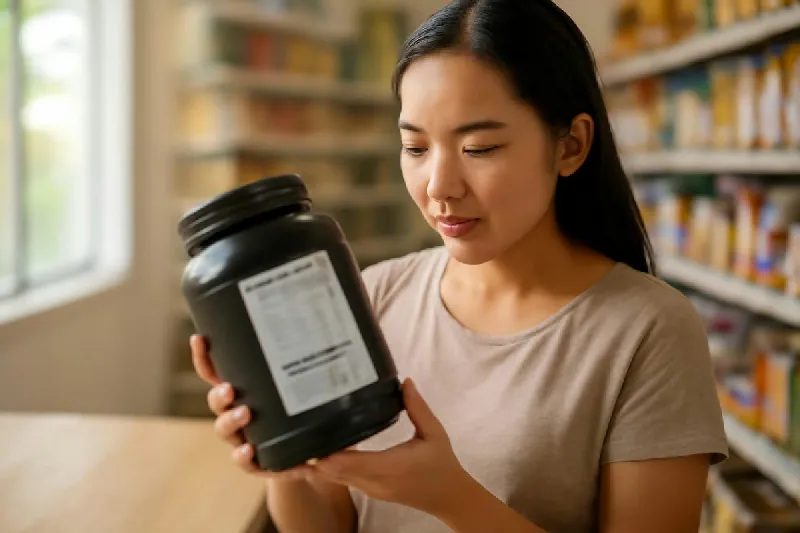 Người đọc nhãn thành phần trên hộp bột whey protein tại siêu thị