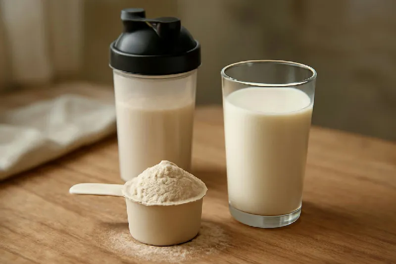 Muỗng bột whey protein bên ly lắc và hộp sữa trên bàn bếp